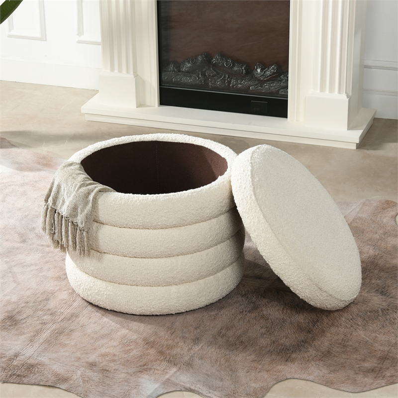 Maklaine Boucle Ivory White Ottoman Round Storage 23