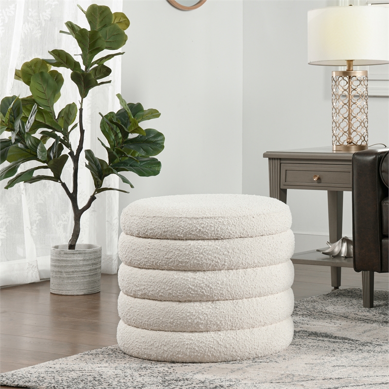 Maklaine Boucle Ivory White Ottoman Round Storage 23