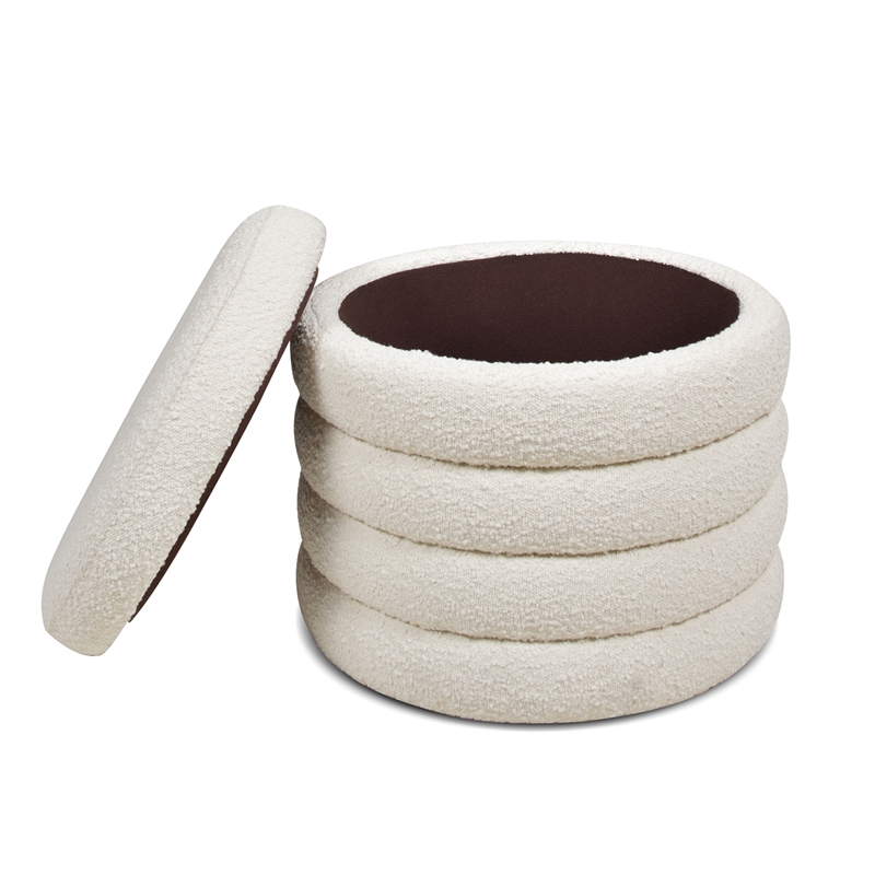 Maklaine Boucle Ivory White Ottoman Round Storage 23