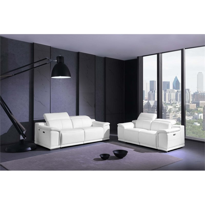 Maklaine Modern Genuine Leather Power Reclining Sofa & Loveseat in White