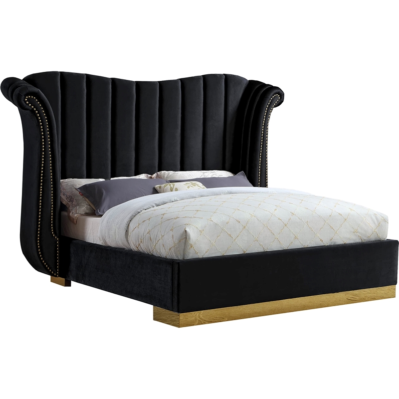 Maklaine Contemporary Solid Wood and Velvet King Bed in Black
