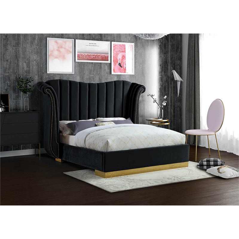 Maklaine Contemporary Solid Wood and Velvet King Bed in Black