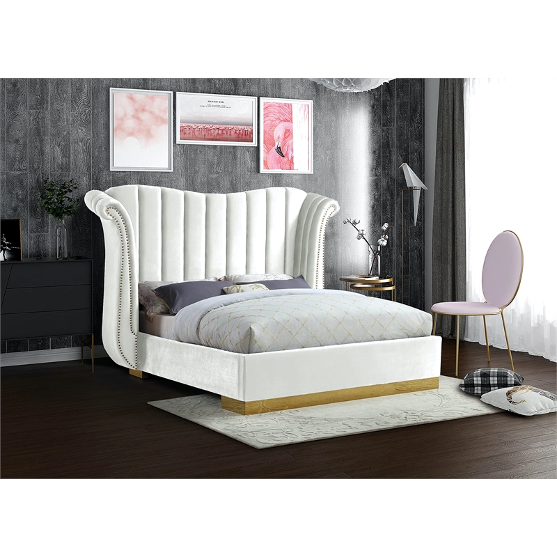 Maklaine Contemporary Solid Wood and Velvet Queen Bed in White