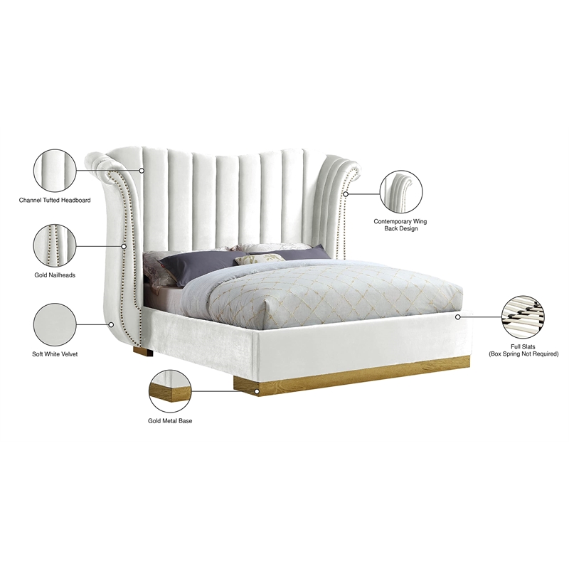 Maklaine Contemporary Solid Wood and Velvet Queen Bed in White
