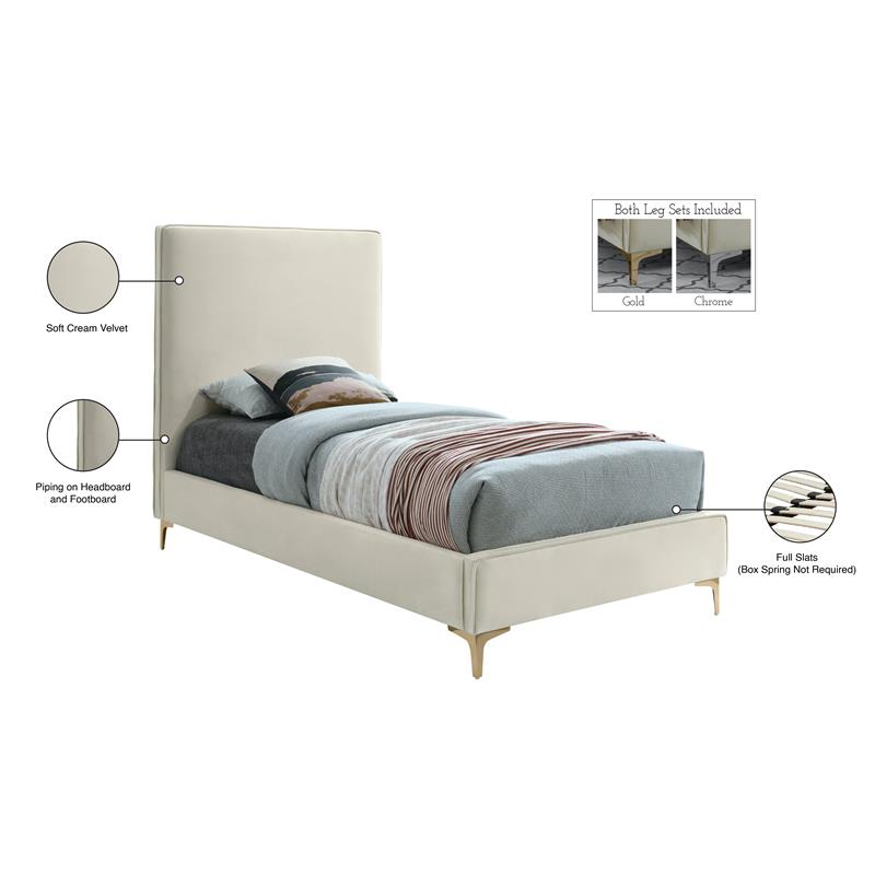 Maklaine Contemporary Cream Velvet Twin Bed with Gold and Chrome Legs Included