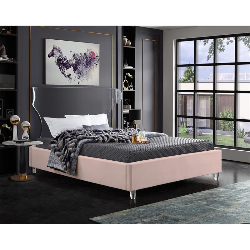 Maklaine Contemporary Upholstery Pink Velvet Full Bed