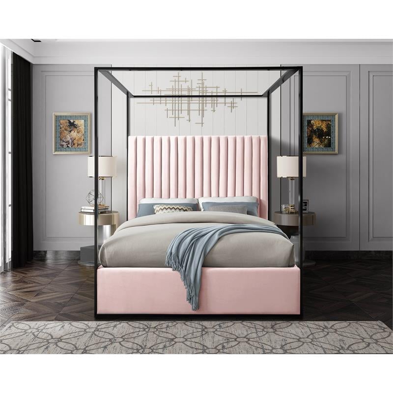Maklaine Contemporary Solid Wood and Velvet Queen Bed in Pink