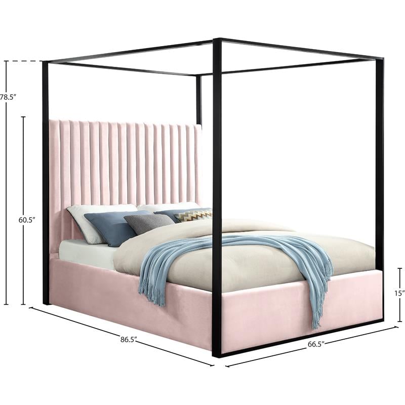 Maklaine Contemporary Solid Wood and Velvet Queen Bed in Pink