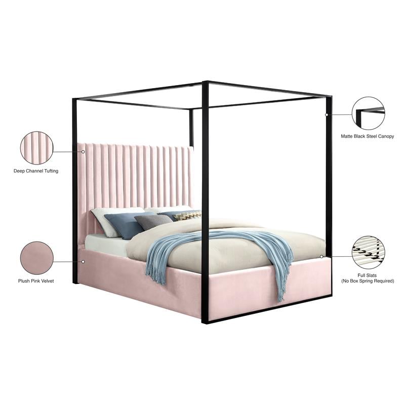 Maklaine Contemporary Solid Wood and Velvet Queen Bed in Pink