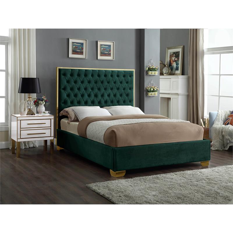 Maklaine Contemporary Solid Wood and Velvet Full Bed in Green