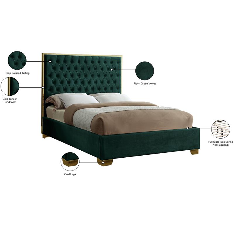 Maklaine Contemporary Solid Wood and Velvet Full Bed in Green