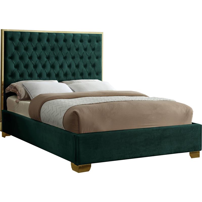 Maklaine Contemporary Solid Wood and Velvet Full Bed in Green