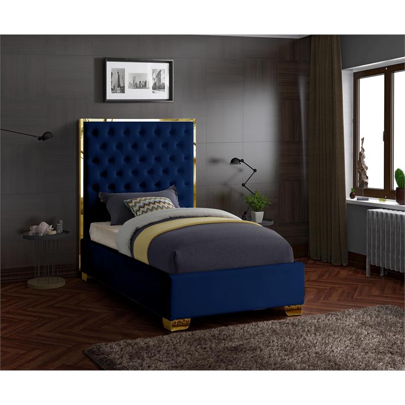 Maklaine Contemporary Solid Wood and Velvet Twin Bed in Navy