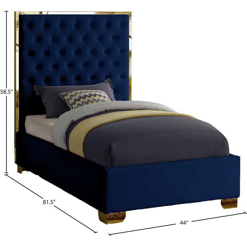 Maklaine Contemporary Solid Wood and Velvet Twin Bed in Navy