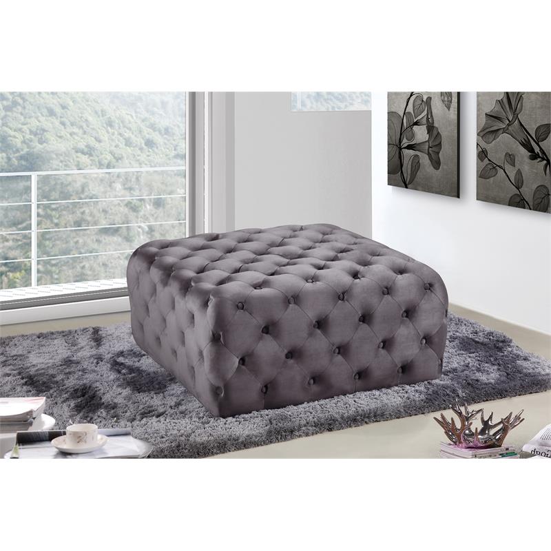 Maklaine Contemporary Button Tufted Gray Velvet Ottoman and Bench
