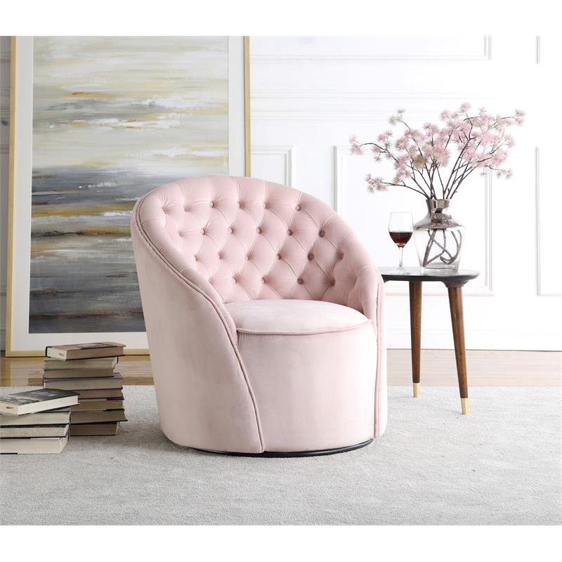 Maklaine Velvet Pink Accent Chair Swivel Tufted 32
