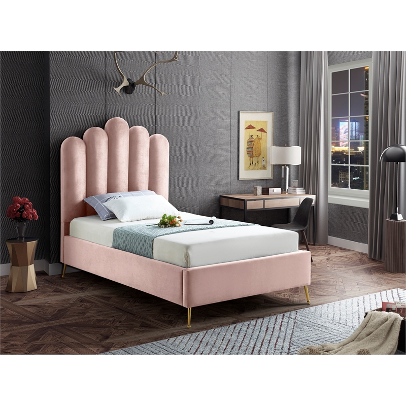 Maklaine Contemporary Solid Wood and Tufted Velvet Twin Bed in Pink