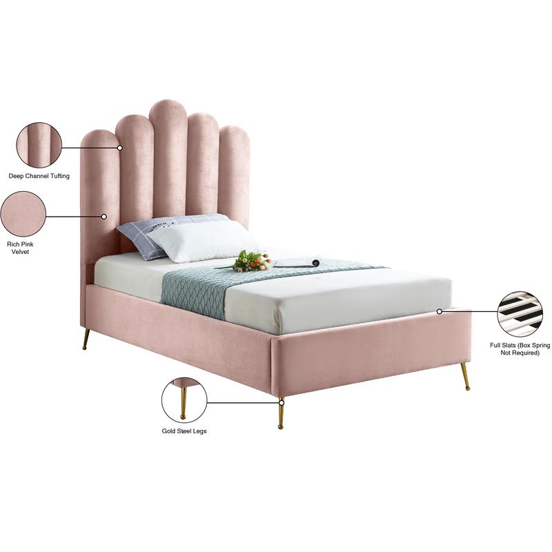 Maklaine Contemporary Solid Wood and Tufted Velvet Twin Bed in Pink