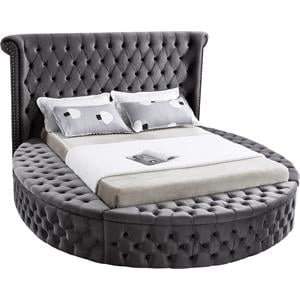 Maklaine Velvet Gray Bed Round Deep Button Tufting 87&quot W x 93.5&quot D x 55&quot H Assembled