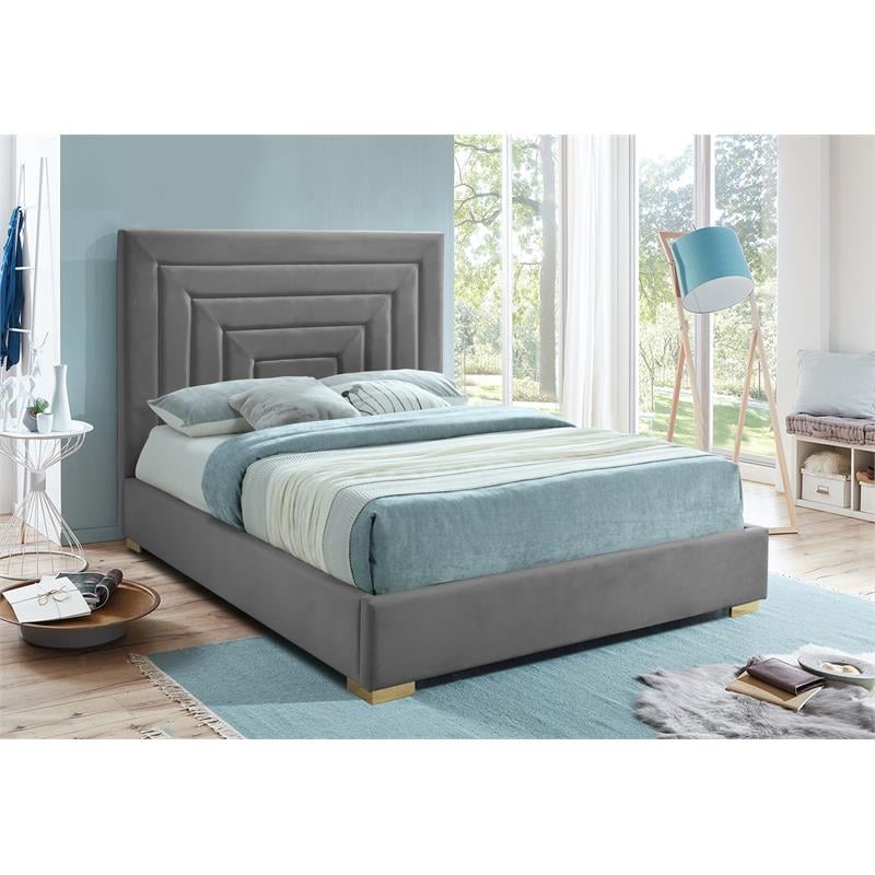 Maklaine Contemporary Gray Velvet King Bed with Gold/Chrome Legs Included