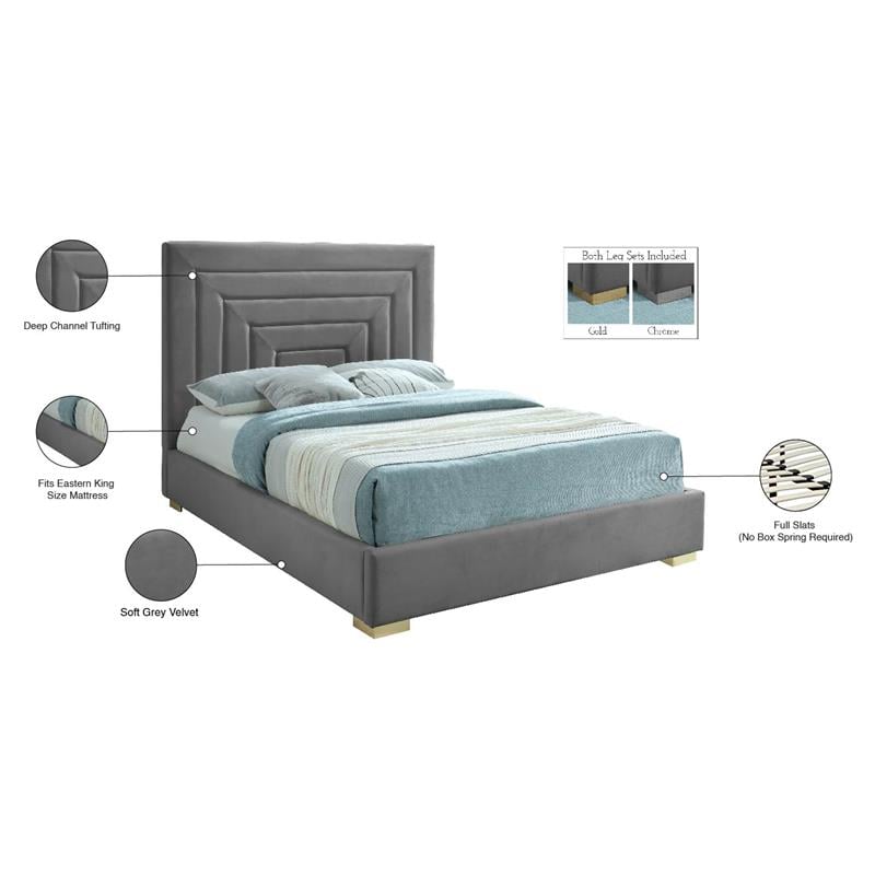 Maklaine Contemporary Gray Velvet King Bed with Gold/Chrome Legs Included