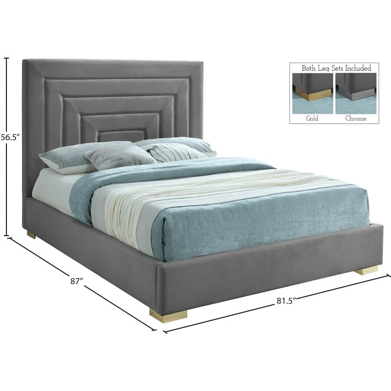 Maklaine Contemporary Gray Velvet King Bed with Gold/Chrome Legs Included