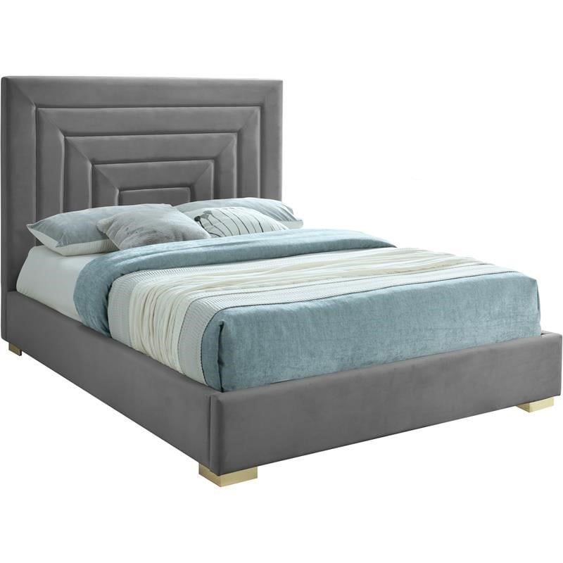Maklaine Contemporary Gray Velvet King Bed with Gold/Chrome Legs Included