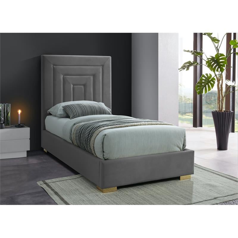 Maklaine Contemporary Gray Velvet Twin Bed with Gold/Chrome Legs Included