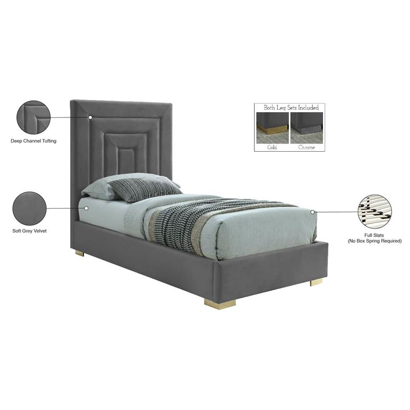 Maklaine Contemporary Gray Velvet Twin Bed with Gold/Chrome Legs Included