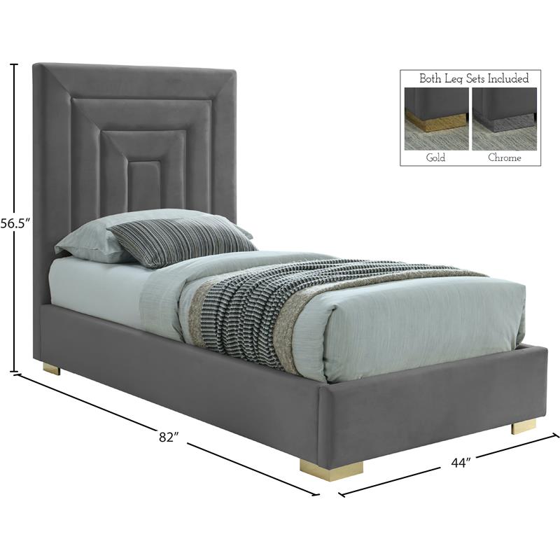 Maklaine Contemporary Gray Velvet Twin Bed with Gold/Chrome Legs Included