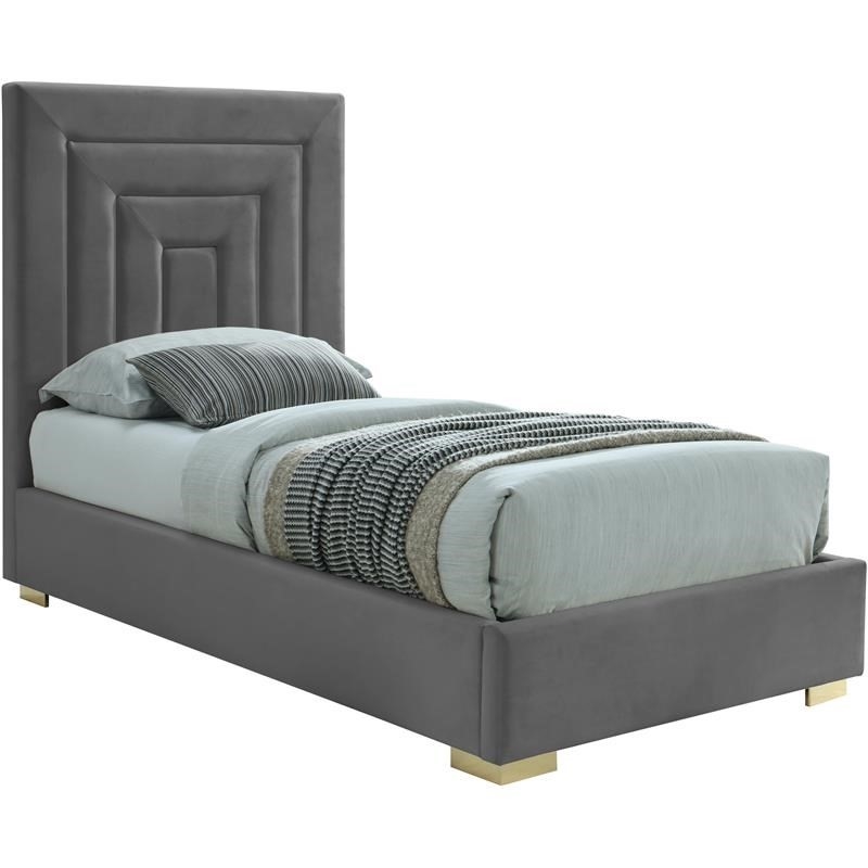 Maklaine Contemporary Gray Velvet Twin Bed with Gold/Chrome Legs Included