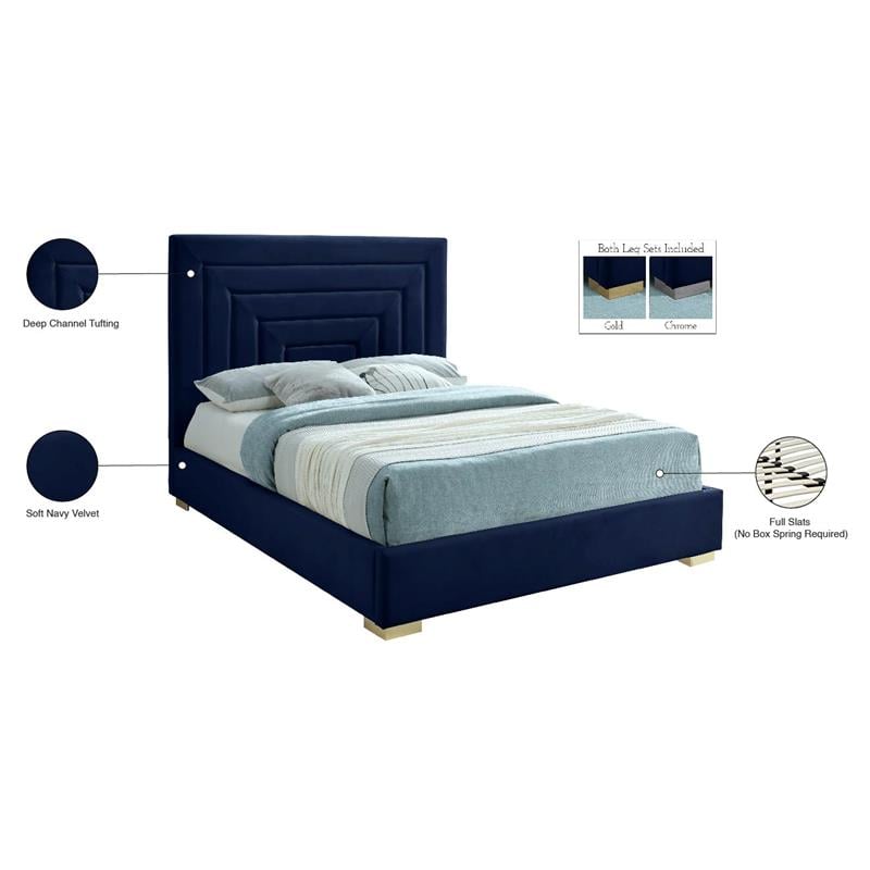 Maklaine Velvet Navy Full Bed Rectangular Deep Channel Tufting 60