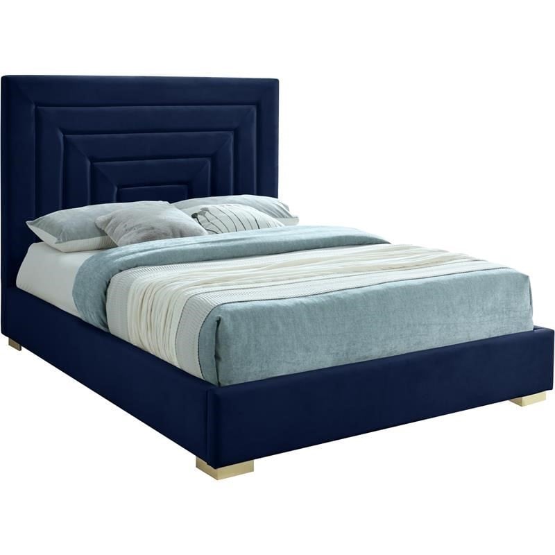 Maklaine Velvet Navy Full Bed Rectangular Deep Channel Tufting 60