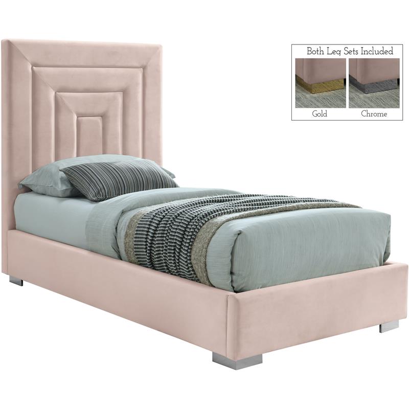 Maklaine Contemporary Rich Pink Velvet Twin Bed with Gold/Chrome Legs Included