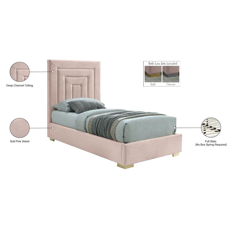 Maklaine Contemporary Rich Pink Velvet Twin Bed with Gold/Chrome Legs Included
