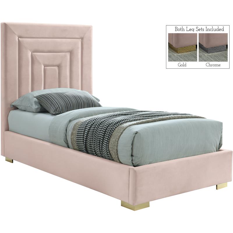 Maklaine Contemporary Rich Pink Velvet Twin Bed with Gold/Chrome Legs Included