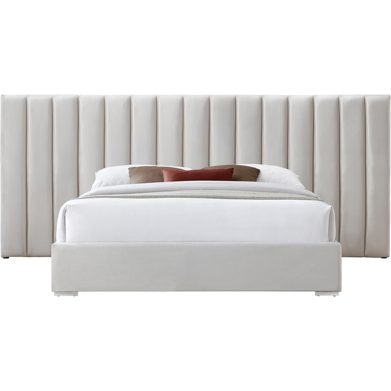 Maklaine Contemporary Cream Velvet Queen Bed with Chrome Metal Legs