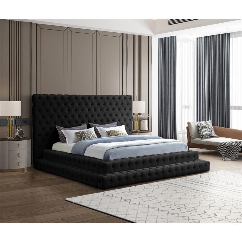 Maklaine Contemporary Upholstery Black Velvet King Bed