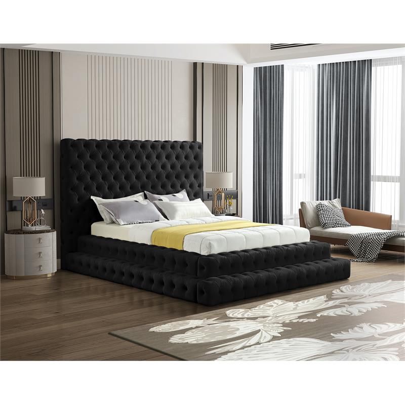 Maklaine Velvet Black Queen Bed Rectangular Deep Button Tufting 98