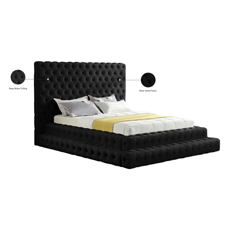 Maklaine Velvet Black Queen Bed Rectangular Deep Button Tufting 98