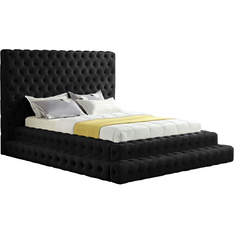 Maklaine Velvet Black Queen Bed Rectangular Deep Button Tufting 98