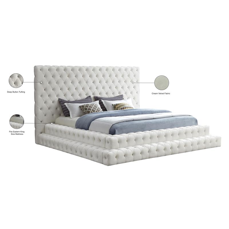 Maklaine Contemporary Upholstery Cream Velvet King Bed