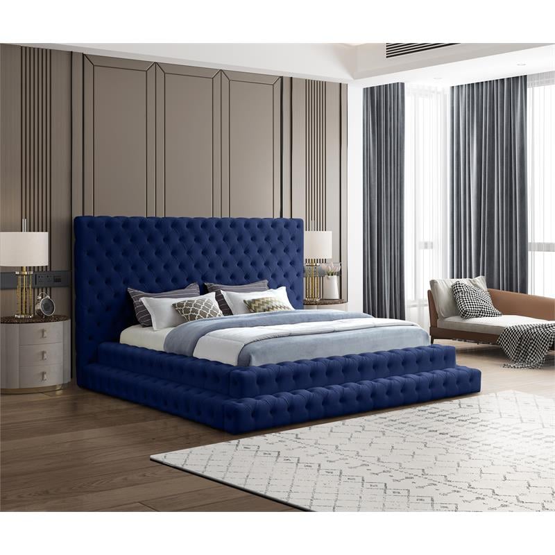 Maklaine Contemporary Upholstery Navy Velvet King Bed
