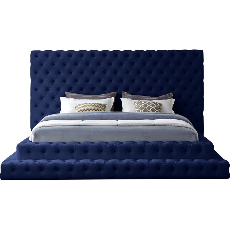 Maklaine Contemporary Upholstery Navy Velvet King Bed