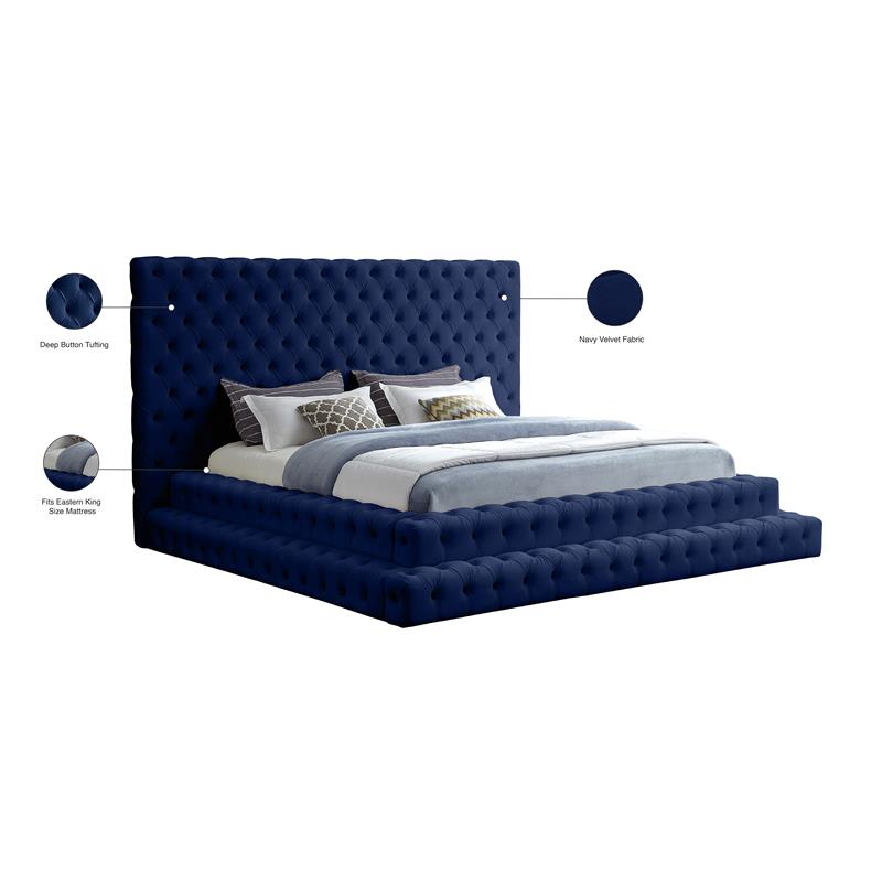Maklaine Contemporary Upholstery Navy Velvet King Bed
