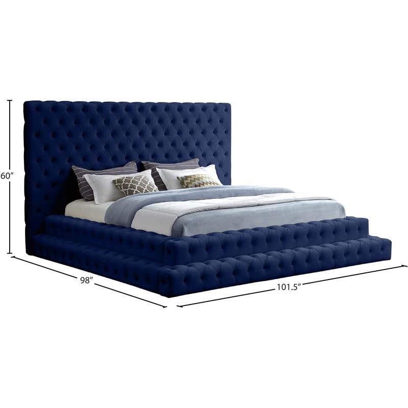 Maklaine Contemporary Upholstery Navy Velvet King Bed