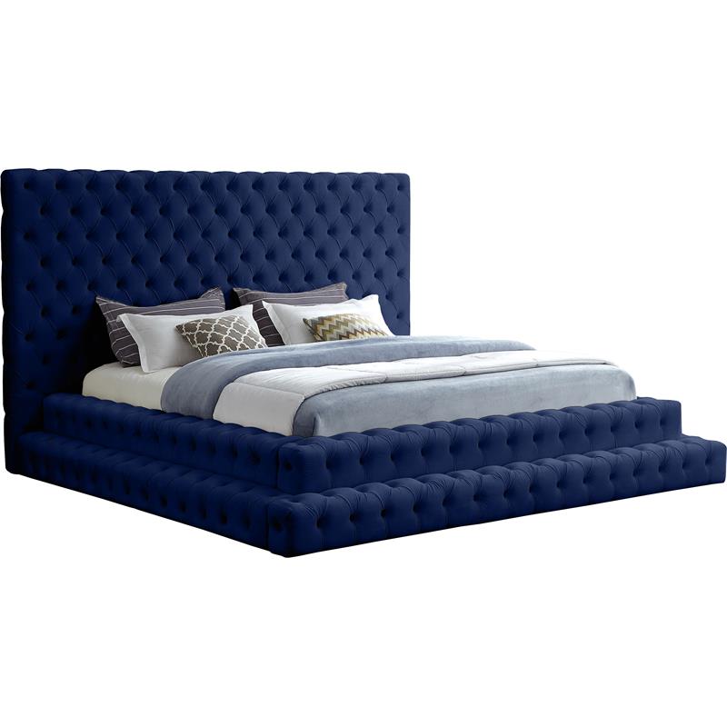Maklaine Contemporary Upholstery Navy Velvet King Bed