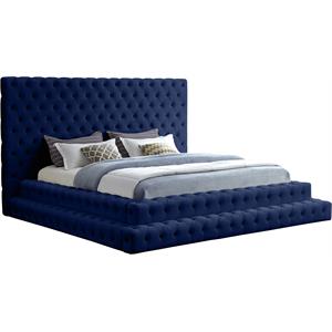 Maklaine Contemporary Upholstery Navy Velvet King Bed