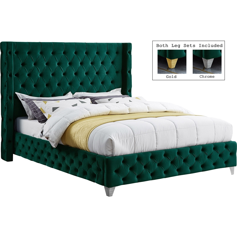 Maklaine Contemporary Upholstery Green Velvet Full Bed