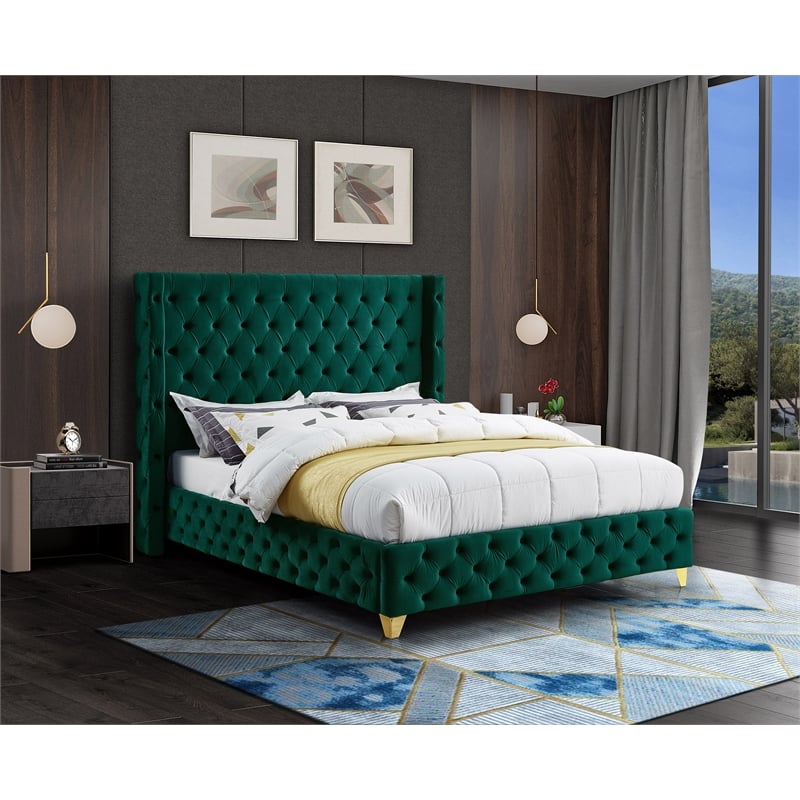 Maklaine Contemporary Upholstery Green Velvet Full Bed
